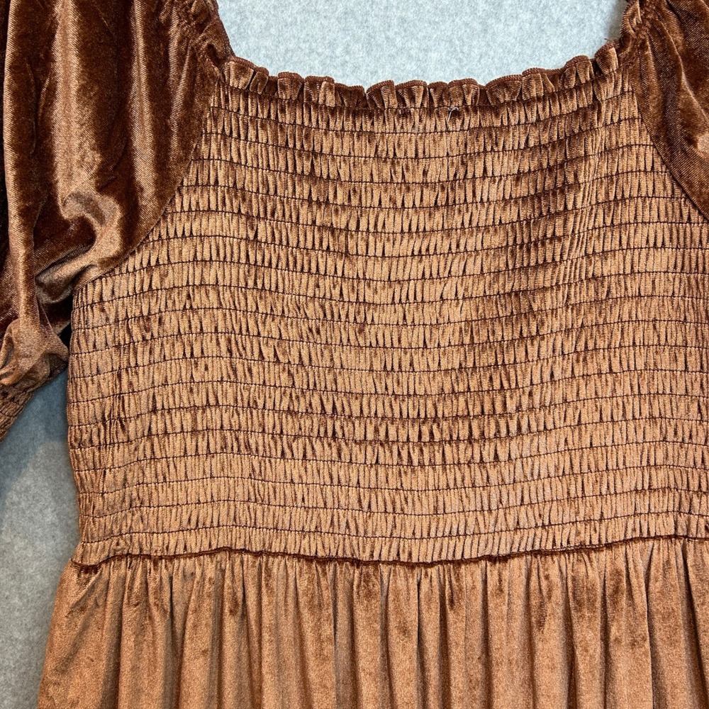 Baltic Born Size 2XL Velvet Midi Dress Smocked Tiered Brown Romantic Autumn Boho - Picture 5 of 12